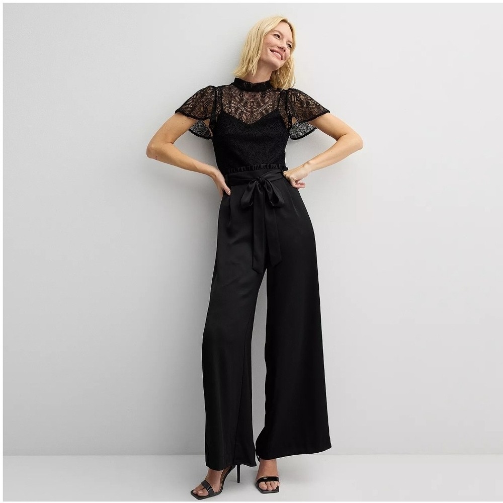 Capsule Black Lace Wide Leg Jumpsuit Elevated Basic Romper Size M Office Casual